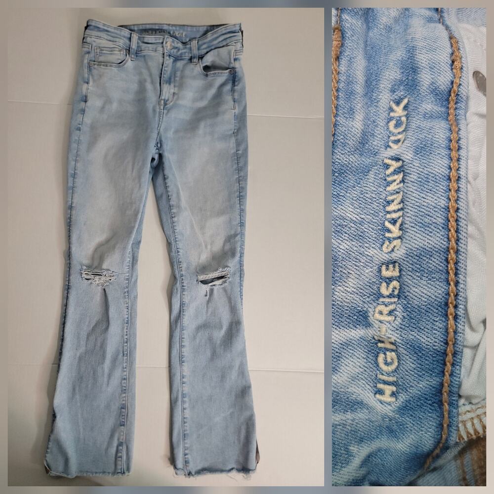 AMERICAN EAGLE Jeans SZ 10 Skinny Kick High Rise Stretch Distressed Light Wash